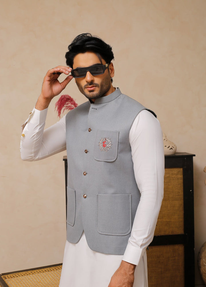 Luxe Waistcoat by Edge Republic Mens RTW Solids Wash N Wear 2 Piece Suit Grey Festive Collection