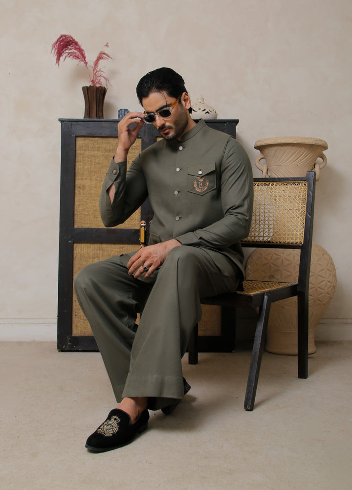 Luxe Waistcoat by Edge Republic Mens RTW Solids Wash N Wear 2 Piece Suit Olive Green Festive Collection