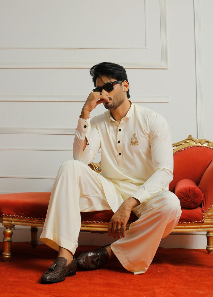 Luxe Waistcoat by Edge Republic Mens RTW Solids Wash N Wear 2 Piece Suit Light cream Festive Collection