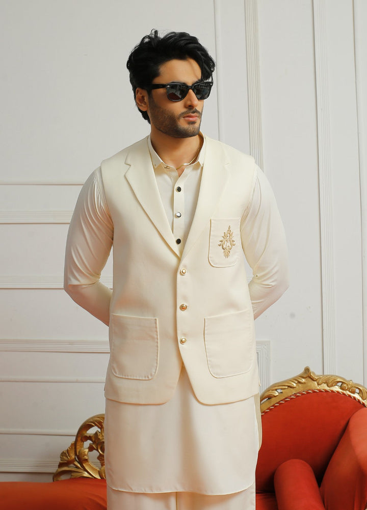 Luxe Waistcoat by Edge Republic Mens RTW Solids Wash N Wear 2 Piece Suit Light cream Festive Collection