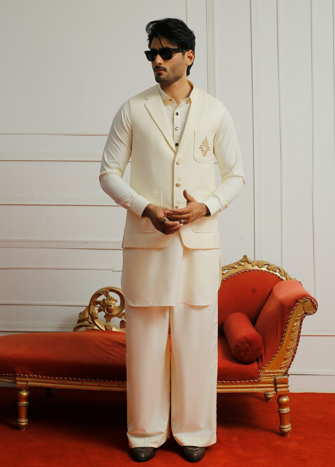 Luxe Waistcoat by Edge Republic Mens RTW Solids Wash N Wear 2 Piece Suit Light cream Festive Collection