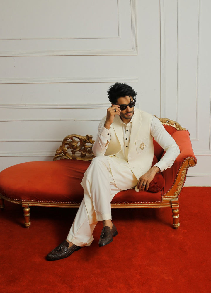 Luxe Waistcoat by Edge Republic Mens RTW Solids Wash N Wear 2 Piece Suit Light cream Festive Collection