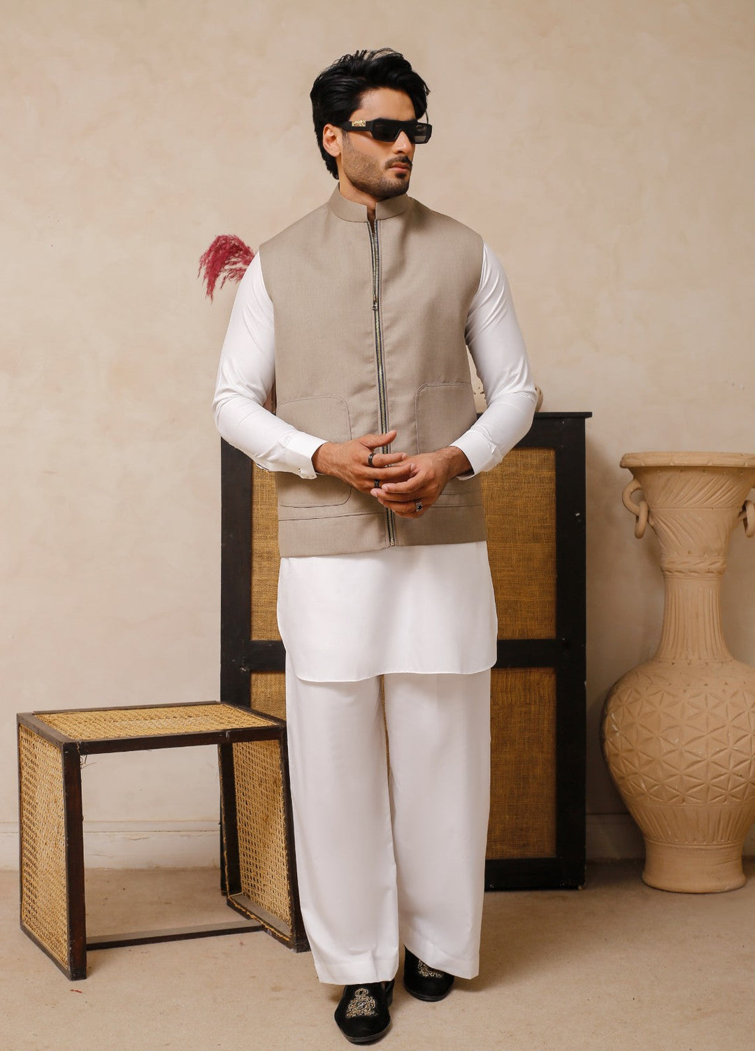 Luxe Waistcoat by Edge Republic Mens RTW Solids Wash N Wear 2 Piece Suit Taupe Festive Collection