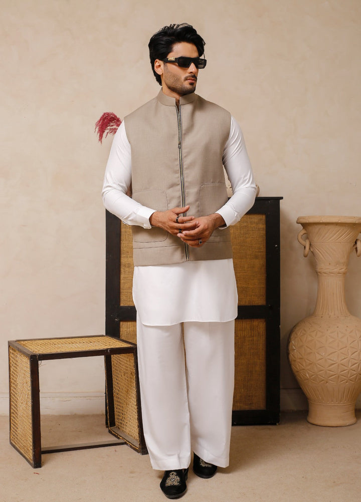 Luxe Waistcoat by Edge Republic Mens RTW Solids Wash N Wear 2 Piece Suit Taupe Festive Collection