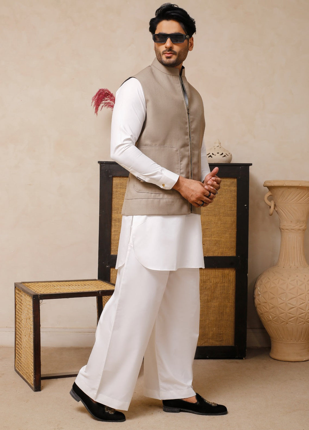 Luxe Waistcoat by Edge Republic Mens RTW Solids Wash N Wear 2 Piece Suit Taupe Festive Collection