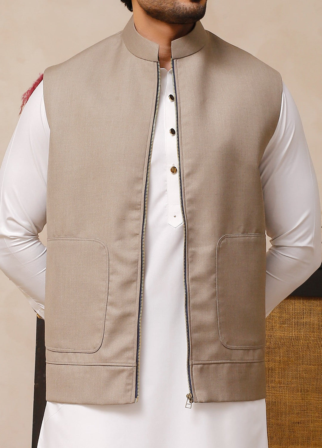 Luxe Waistcoat by Edge Republic Mens RTW Solids Wash N Wear 2 Piece Suit Taupe Festive Collection