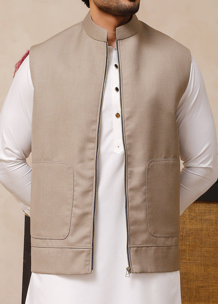 Luxe Waistcoat by Edge Republic Mens RTW Solids Wash N Wear 2 Piece Suit Taupe Festive Collection