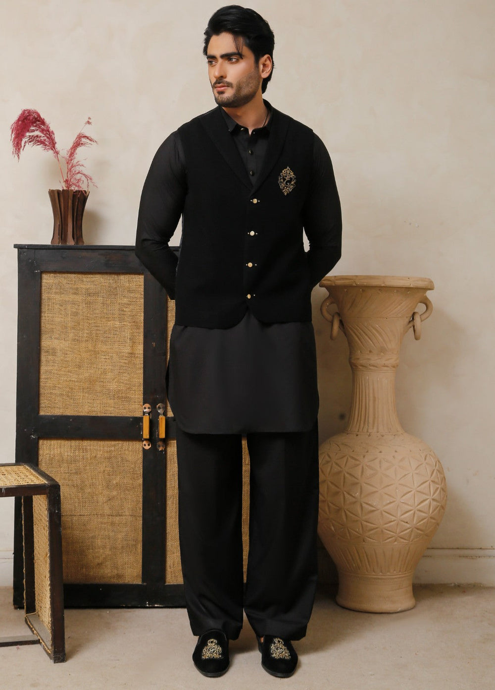 Luxe Waistcoat by Edge Republic Mens RTW Solids Wash N Wear 2 Piece Suit Eerie Black Festive Collection