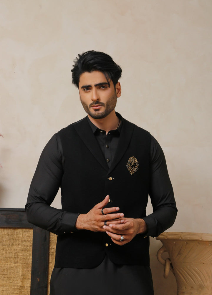 Luxe Waistcoat by Edge Republic Mens RTW Solids Wash N Wear 2 Piece Suit Eerie Black Festive Collection