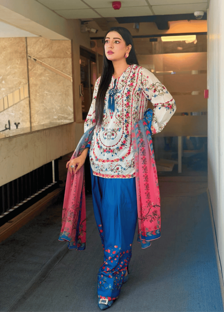 Syra's Atelier RTW Printed Lawn 3 Piece Suit Jahan Ara Blue Casual Collection