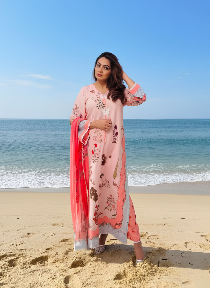 Syra's Atelier RTW Printed Lawn 3 Piece Suit Blushia Kaftan Casual Collection