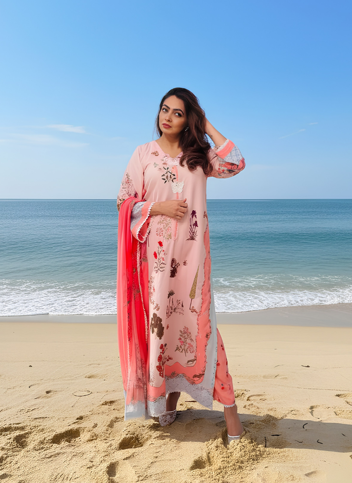 Syra's Atelier RTW Printed Lawn 3 Piece Suit Blushia Kaftan Casual Collection