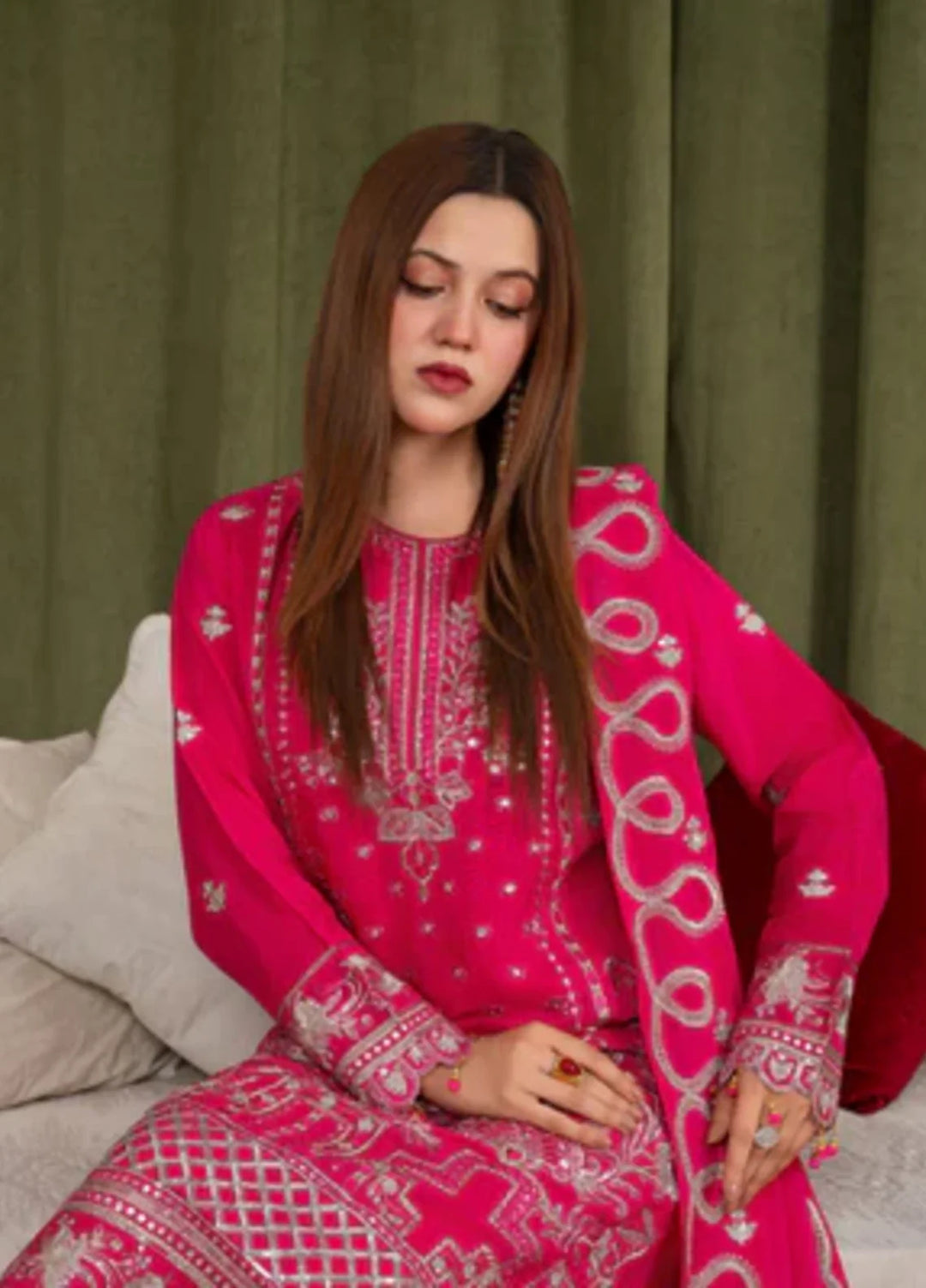 Sehrish by Maherposh RTW Chikankari Viscose Raw Silk 3 Piece Suit MP-SR-04 FUCHSIA BLOOM Festive Collection