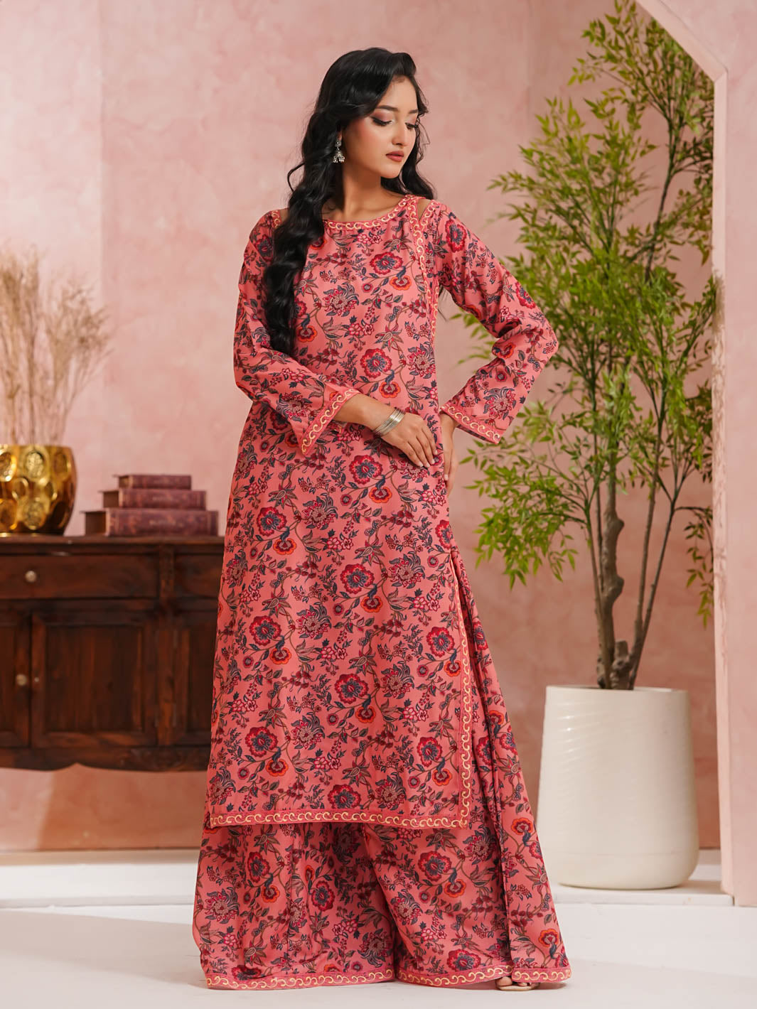 TNG Women RTW Printed Doria 2 Piece Suit Sargoshi Gharara Set Pink Casual Collection