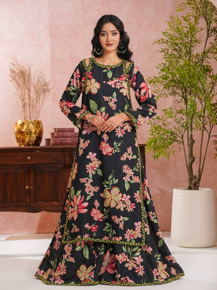 TNG Women RTW Printed Doria 2 Piece Suit Sargoshi Gharara Set Black Casual Collection