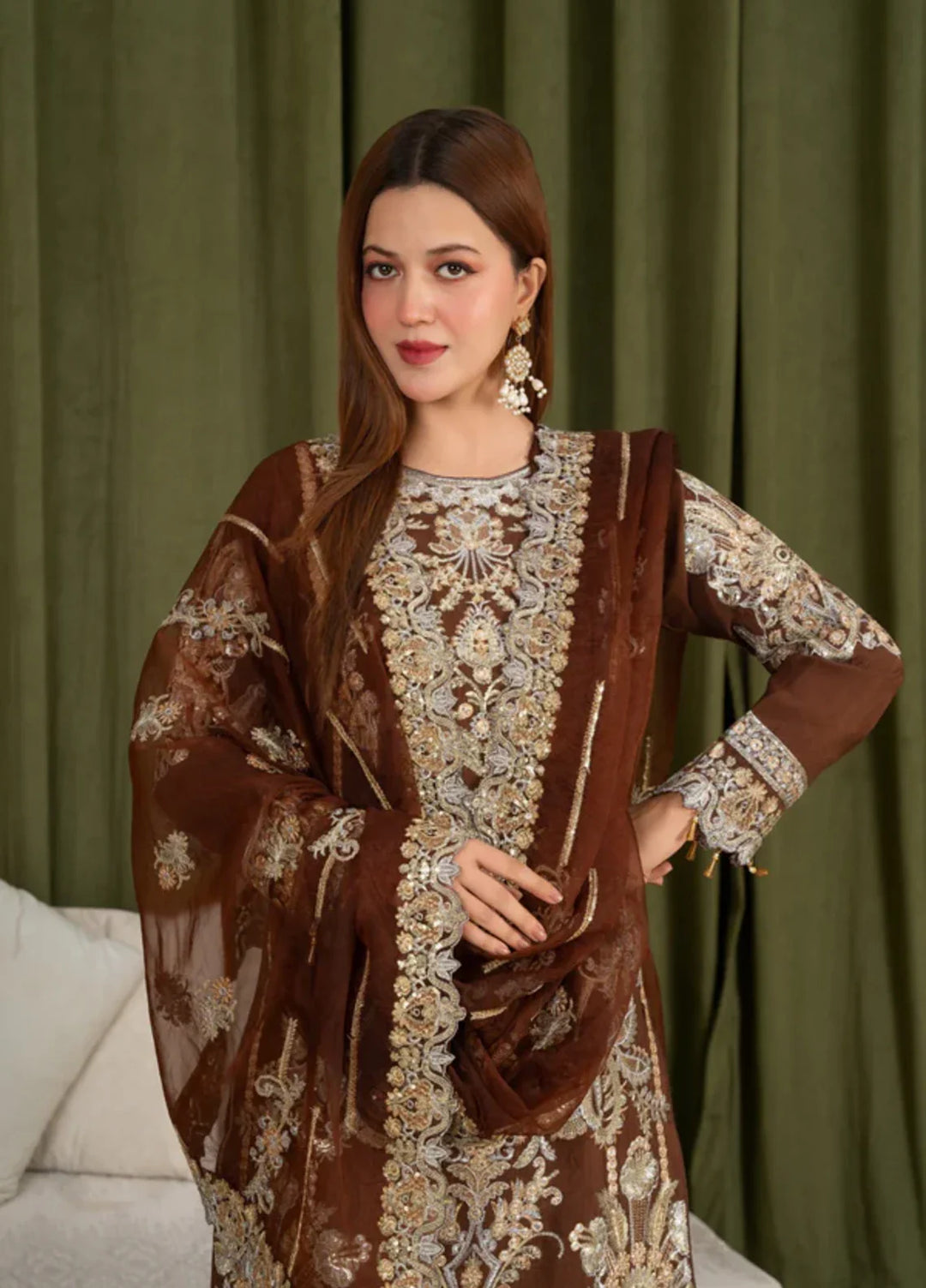 Sehrish by Maherposh RTW Embroidered Viscose Raw Silk 3 Piece Suit MP-SR-05 COCOA HERITAGE Festive Collection