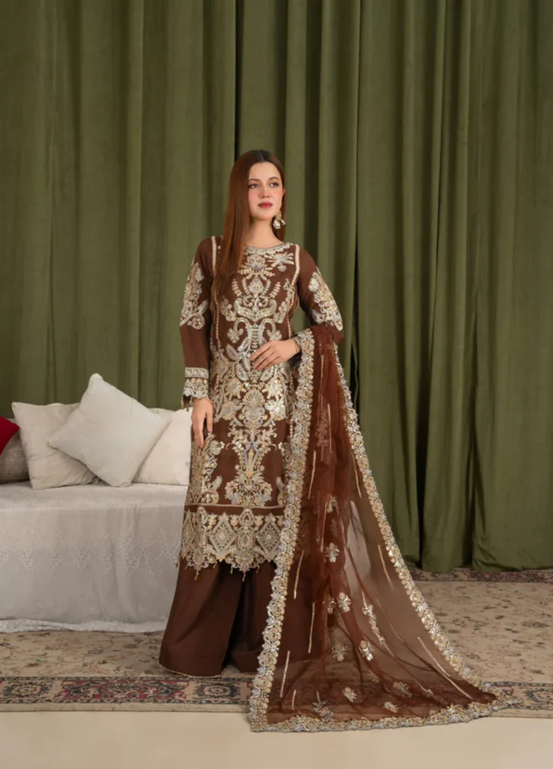 Sehrish by Maherposh RTW Embroidered Viscose Raw Silk 3 Piece Suit MP-SR-05 COCOA HERITAGE Festive Collection