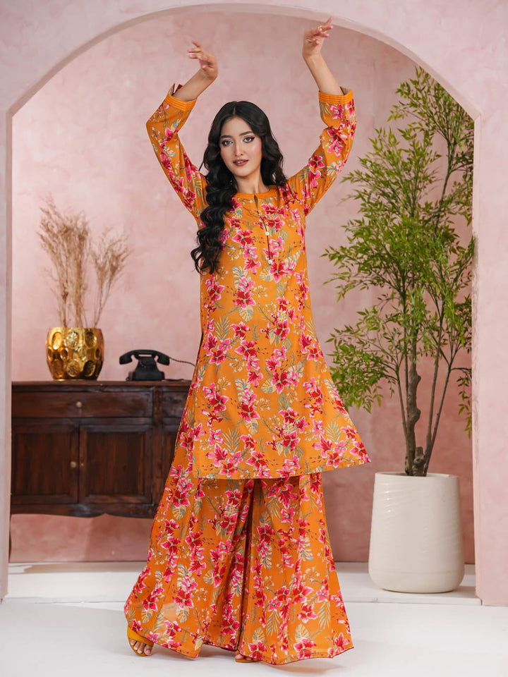 TNG Women RTW Printed Doria 2 Piece Suit Neena Gharara Set Mustard Casual Collection