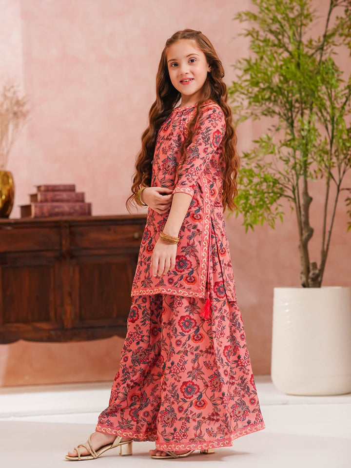 TNG Girls RTW Printed Swiss Lawn 2 Piece Suit Sargoshi Gharara Set Pink Festive Collection