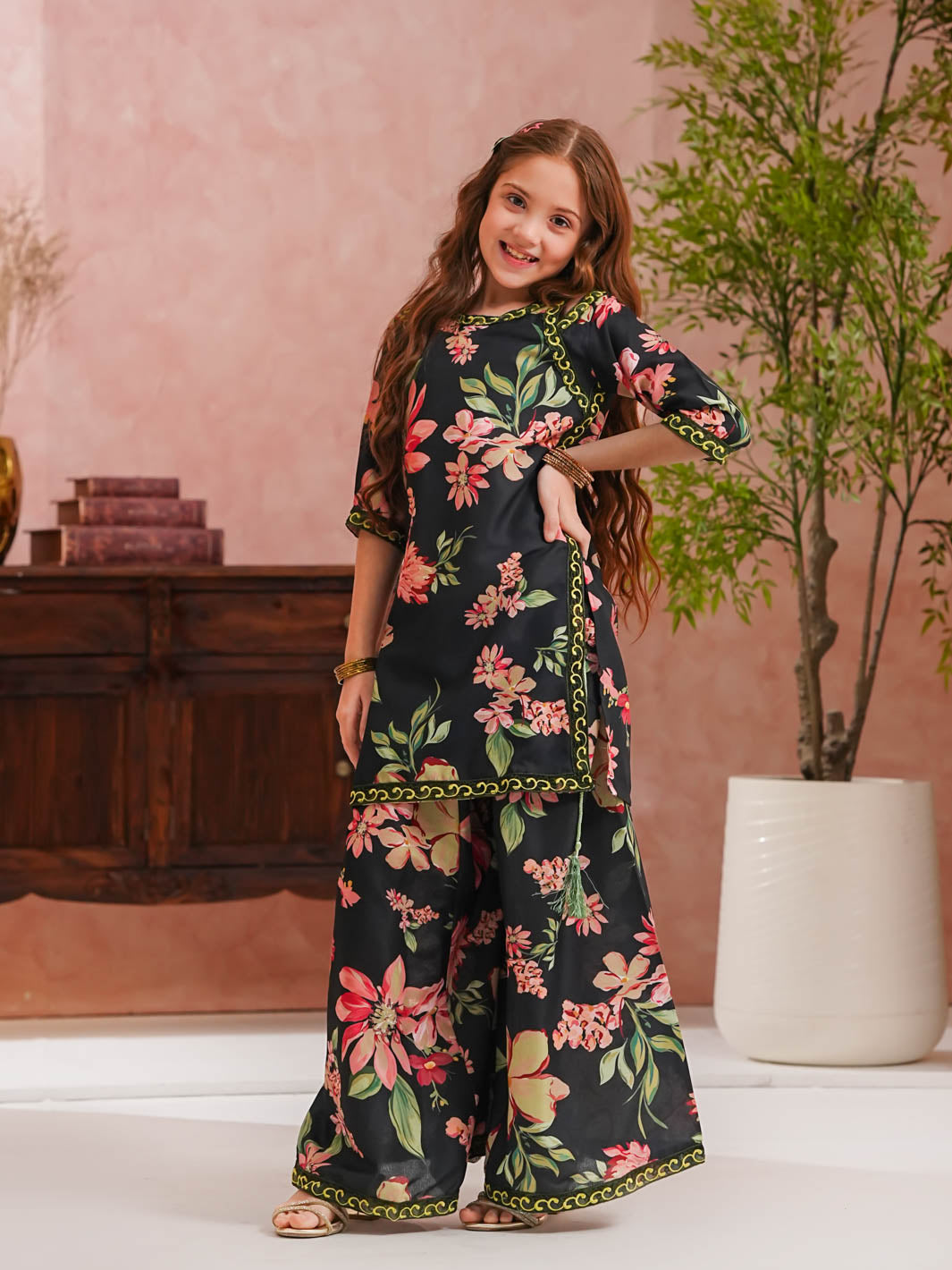 TNG Girls RTW Printed Doria 2 Piece Suit Sargoshi Gharara Set Black Festive Collection
