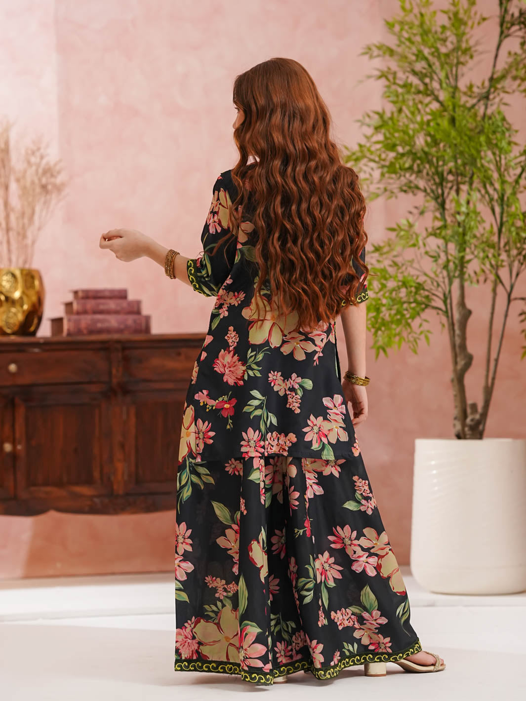 TNG Girls RTW Printed Doria 2 Piece Suit Sargoshi Gharara Set Black Festive Collection