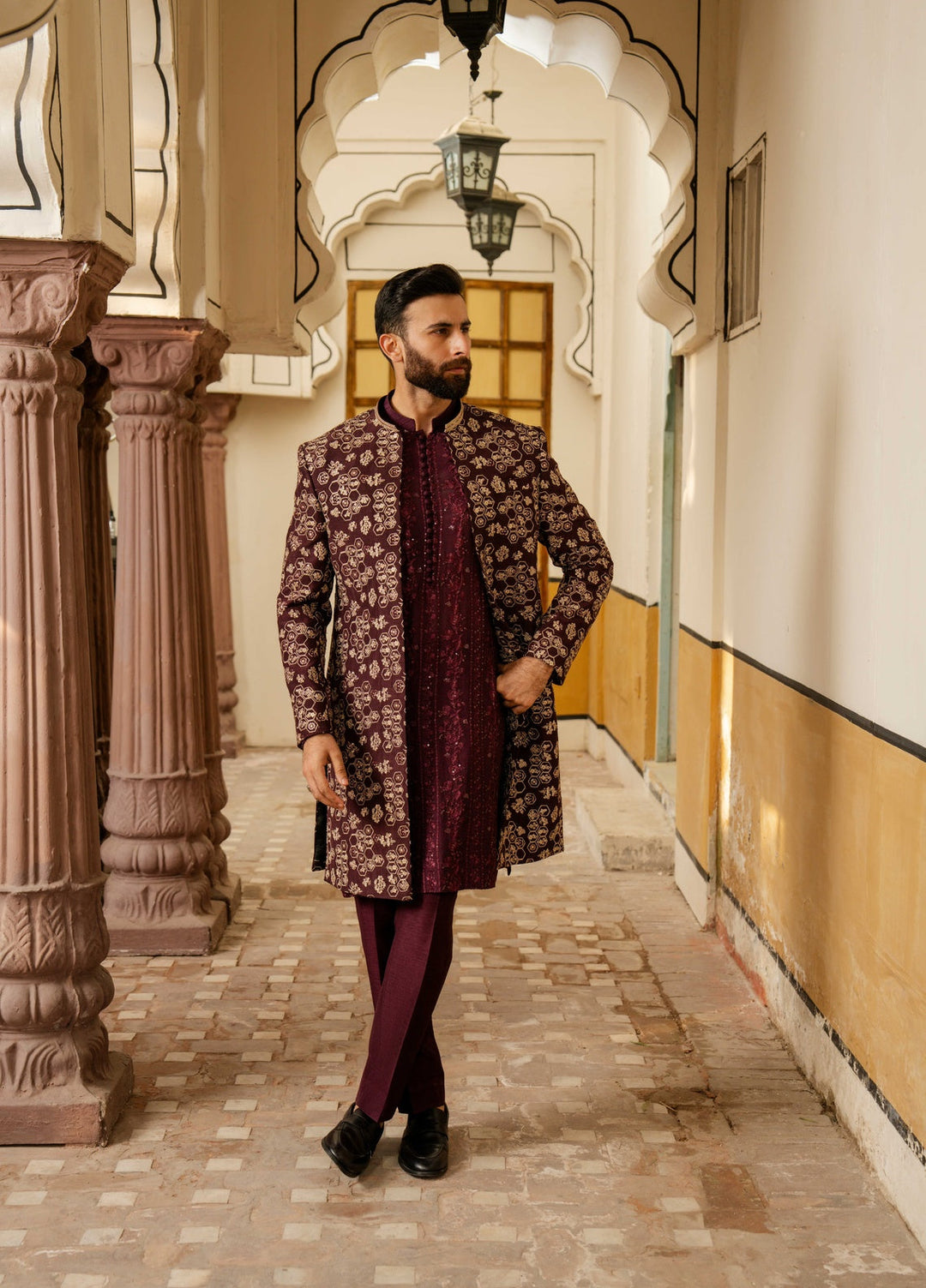 Dildaar by Hamna Ehtasham Mens RTW Embroidered Korean Silk 3 Piece Suit Ruan Festive Collection