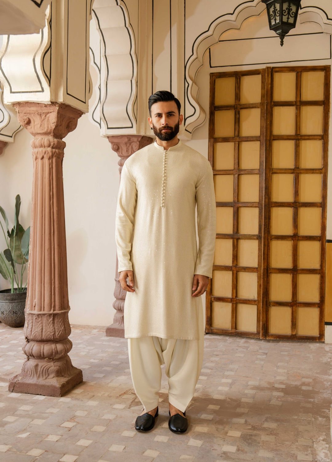 Dildaar by Hamna Ehtasham Mens RTW Embroidered Korean Silk 3 Piece Suit Mehtab Sherwani Festive Collection