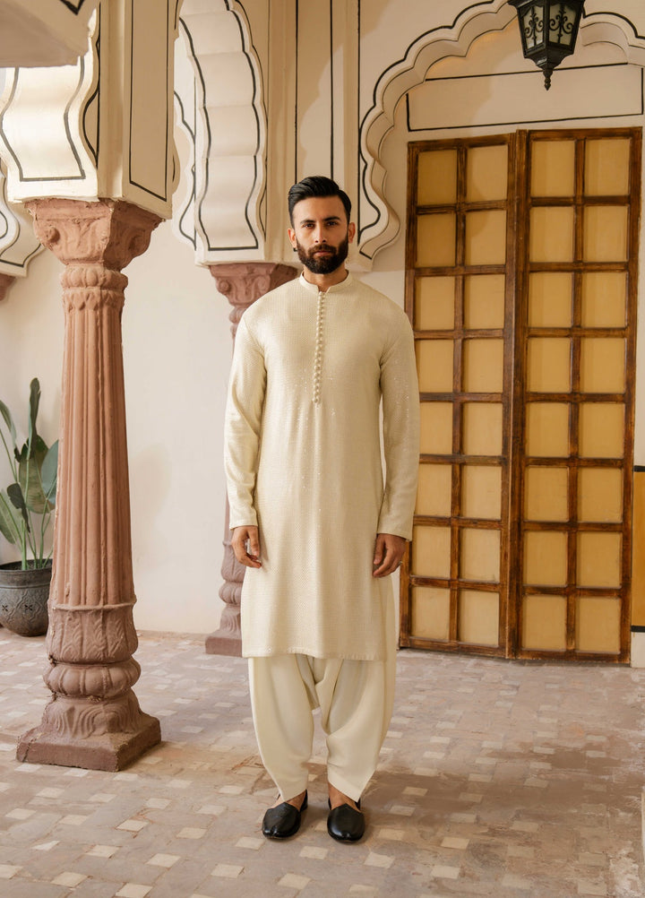 Dildaar by Hamna Ehtasham Mens RTW Embroidered Korean Silk 3 Piece Suit Mehtab Sherwani Festive Collection