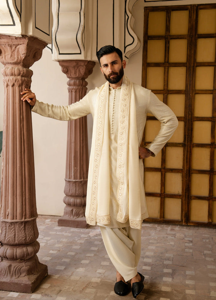 Dildaar by Hamna Ehtasham Mens RTW Embroidered Korean Silk 3 Piece Suit Mehtab Sherwani Festive Collection