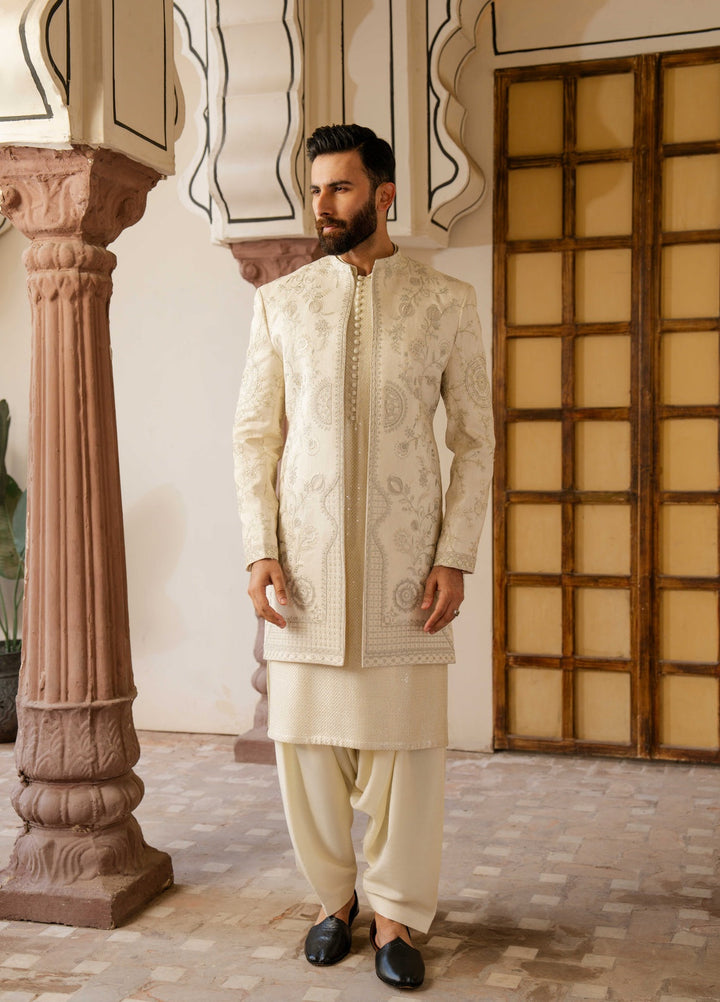 Dildaar by Hamna Ehtasham Mens RTW Embroidered Korean Silk 3 Piece Suit Mehtab Sherwani Festive Collection