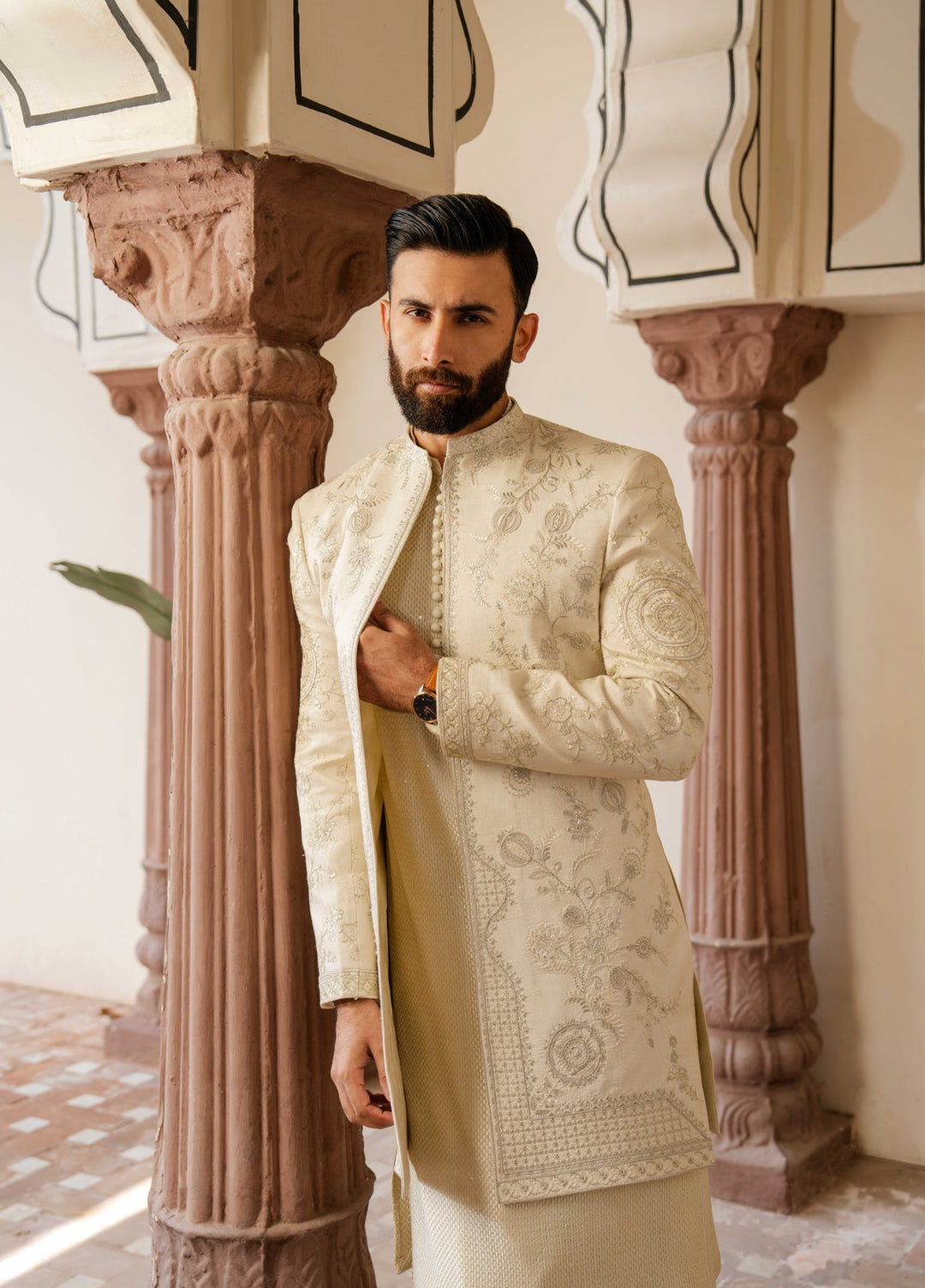 Dildaar by Hamna Ehtasham Mens RTW Embroidered Korean Silk 3 Piece Suit Mehtab Sherwani Festive Collection