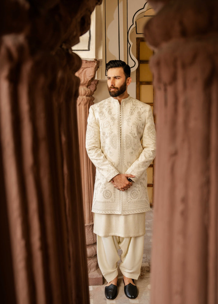 Dildaar by Hamna Ehtasham Mens RTW Embroidered Korean Silk 3 Piece Suit Mehtab Sherwani Festive Collection