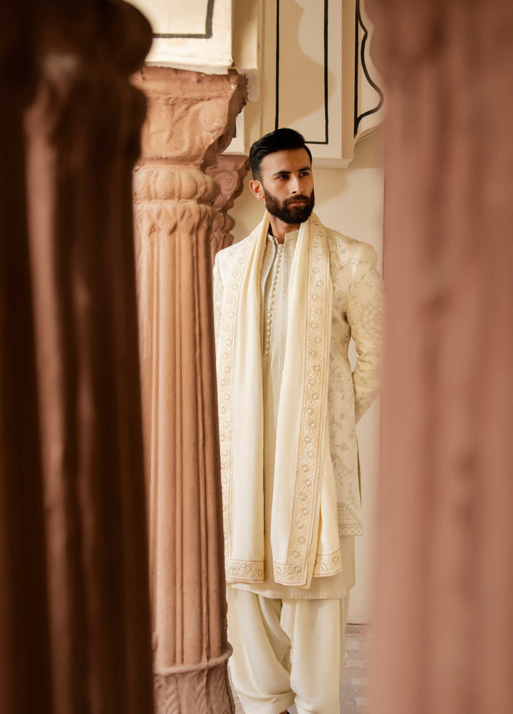Dildaar by Hamna Ehtasham Mens RTW Embroidered Korean Silk 3 Piece Suit Mehtab Sherwani Festive Collection