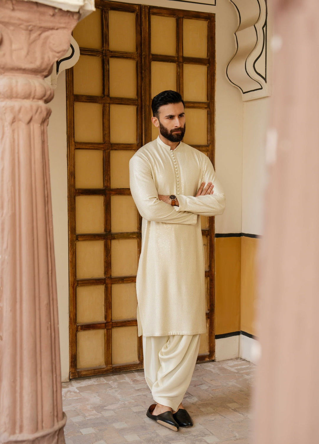 Dildaar by Hamna Ehtasham Mens RTW Embroidered Korean Silk 3 Piece Suit Mehtab Sherwani Festive Collection