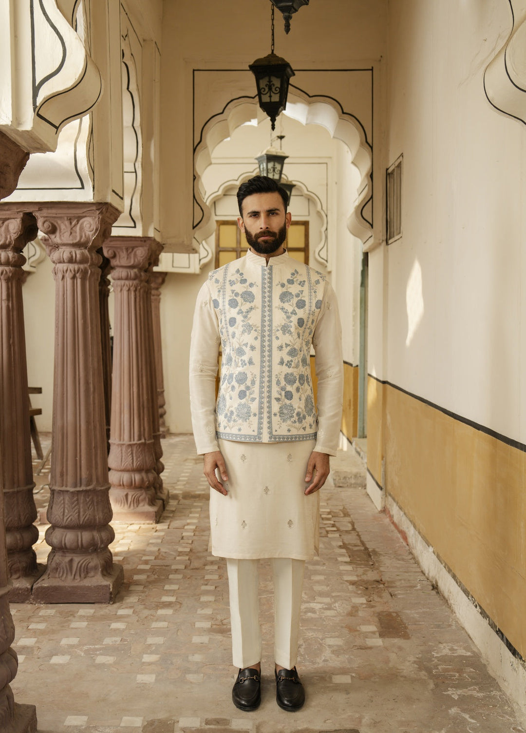 Dildaar by Hamna Ehtasham Mens RTW Embroidered Korean Silk 3 Piece Suit Almas Festive Collection