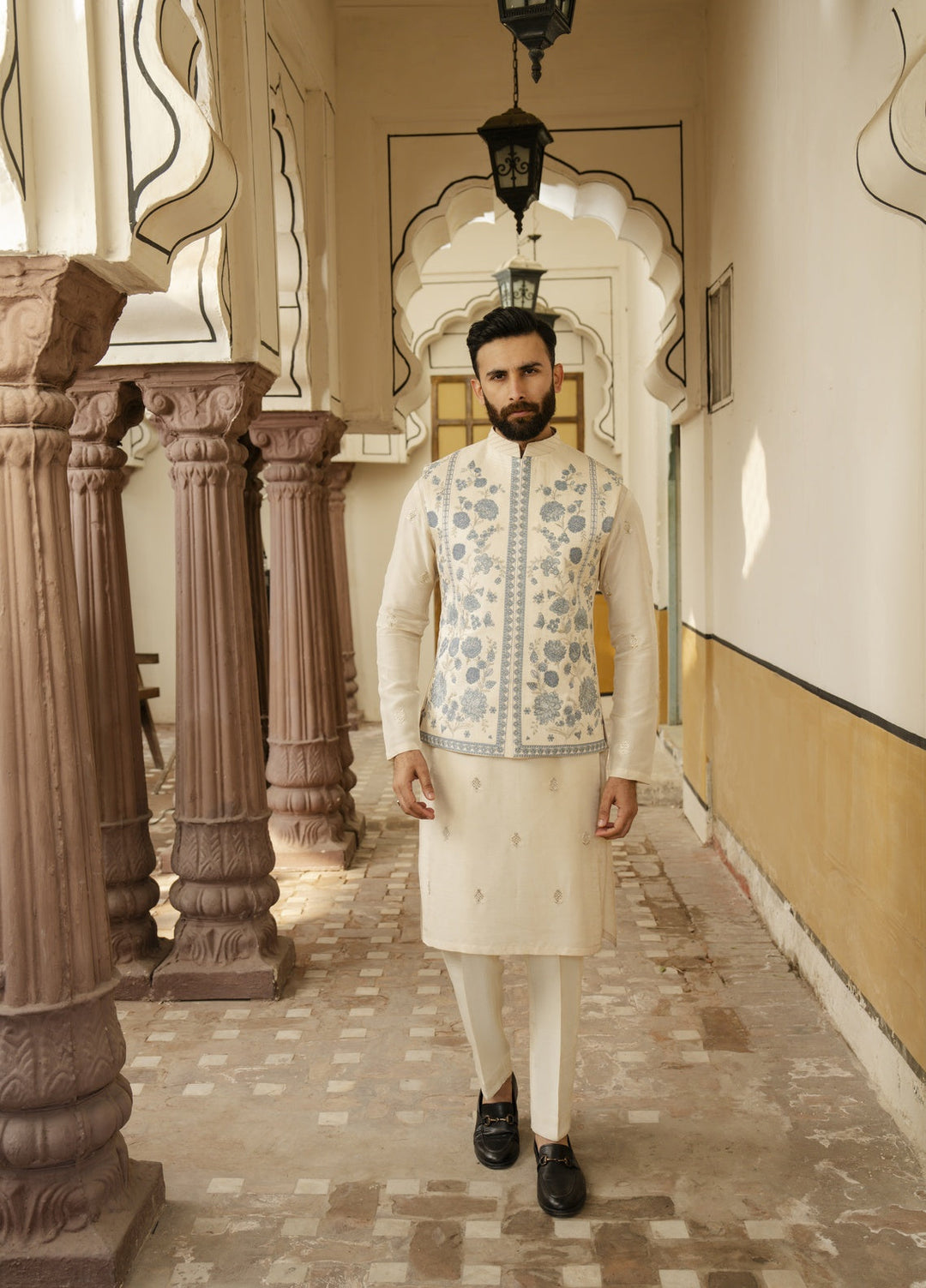 Dildaar by Hamna Ehtasham Mens RTW Embroidered Korean Silk 3 Piece Suit Almas Festive Collection