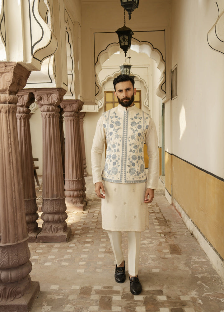 Dildaar by Hamna Ehtasham Mens RTW Embroidered Korean Silk 3 Piece Suit Almas Festive Collection