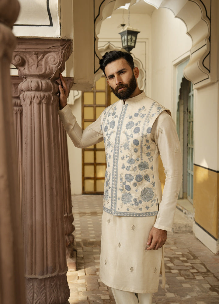 Dildaar by Hamna Ehtasham Mens RTW Embroidered Korean Silk 3 Piece Suit Almas Festive Collection
