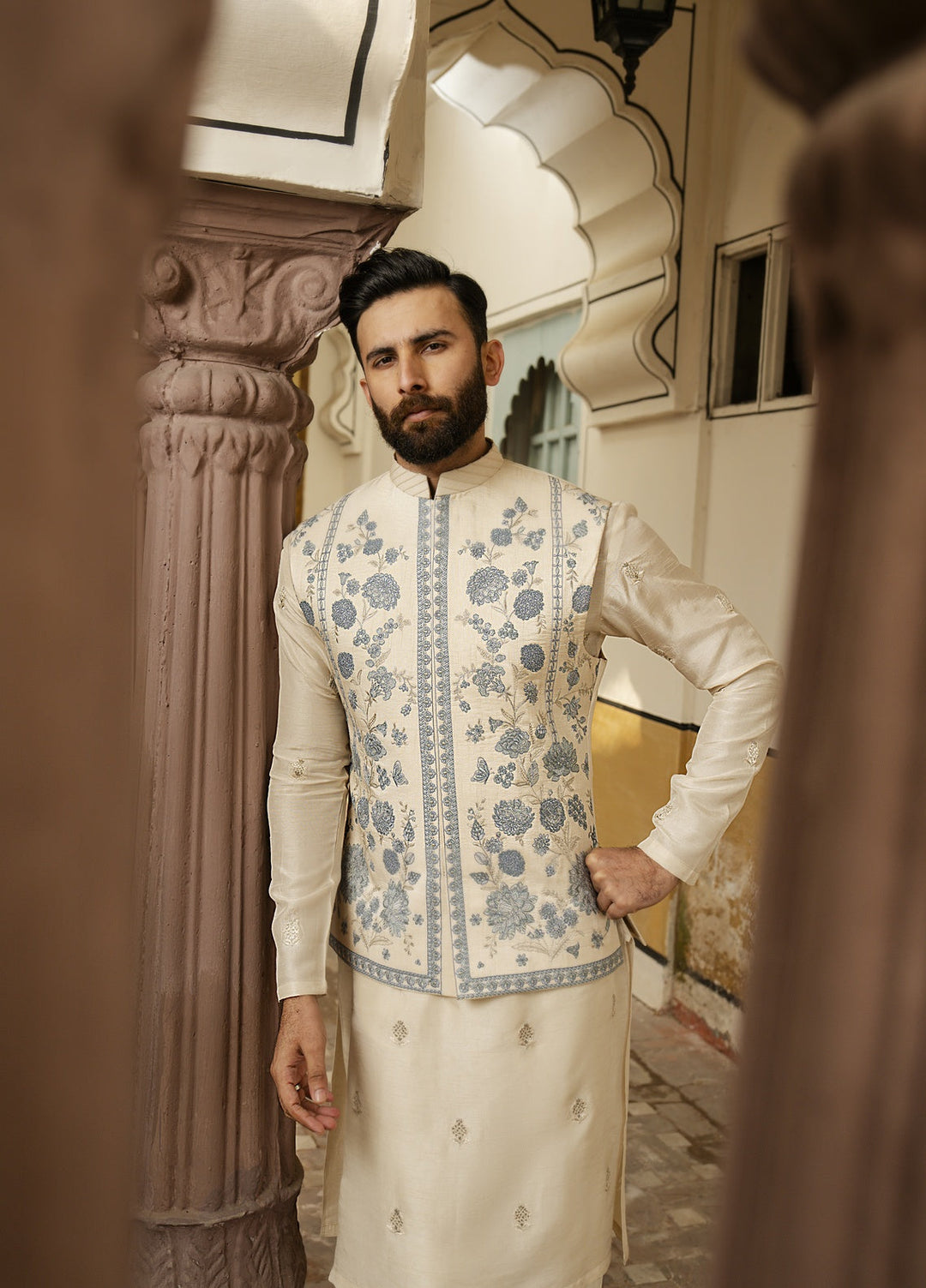 Dildaar by Hamna Ehtasham Mens RTW Embroidered Korean Silk 3 Piece Suit Almas Festive Collection