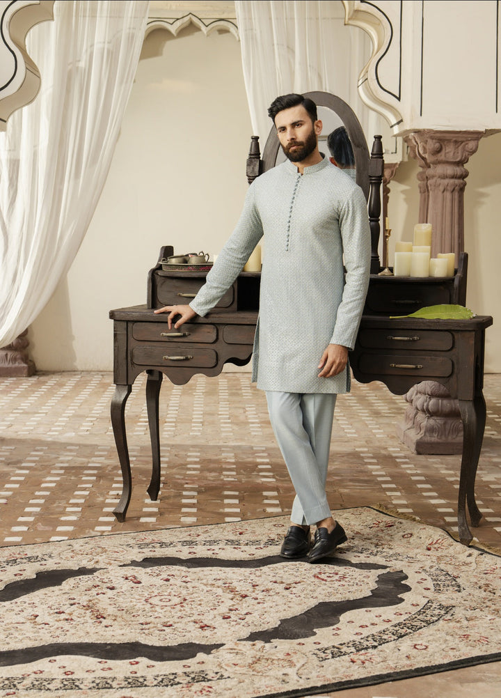 Dildaar by Hamna Ehtasham Mens RTW Embroidered Korean Silk 3 Piece Suit Ayaz Festive Collection