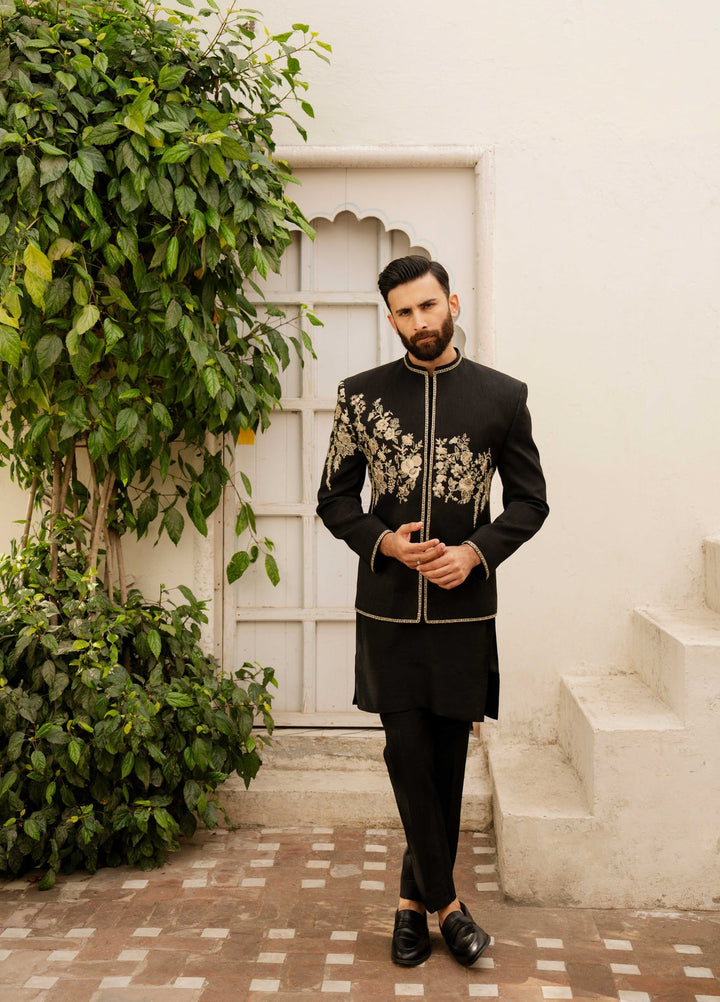Dildaar by Hamna Ehtasham Mens RTW Embroidered Korean Silk 3 Piece Suit Shahan Prince coat Festive Collection
