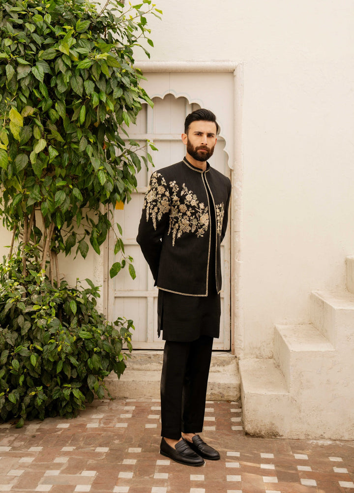 Dildaar by Hamna Ehtasham Mens RTW Embroidered Korean Silk 3 Piece Suit Shahan Prince coat Festive Collection