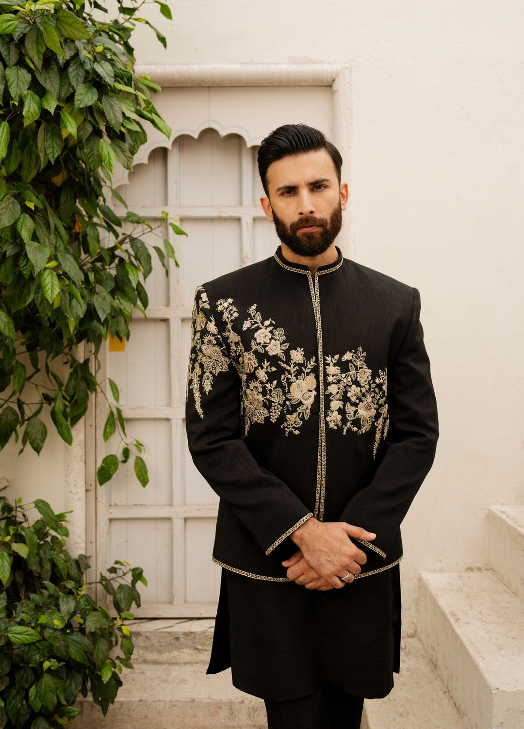 Dildaar by Hamna Ehtasham Mens RTW Embroidered Korean Silk 3 Piece Suit Shahan Prince coat Festive Collection