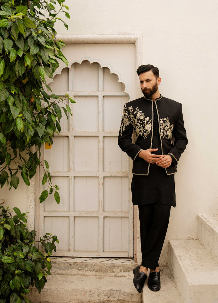 Dildaar by Hamna Ehtasham Mens RTW Embroidered Korean Silk 3 Piece Suit Shahan Prince coat Festive Collection
