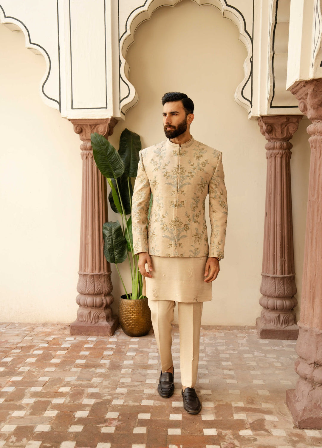 Dildaar by Hamna Ehtasham Mens RTW Embroidered Korean Silk 3 Piece Suit Fiaz Prince coat Festive Collection