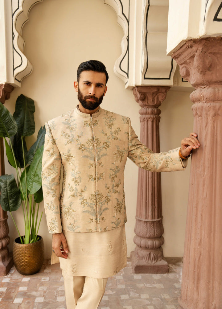 Dildaar by Hamna Ehtasham Mens RTW Embroidered Korean Silk 3 Piece Suit Fiaz Prince coat Festive Collection