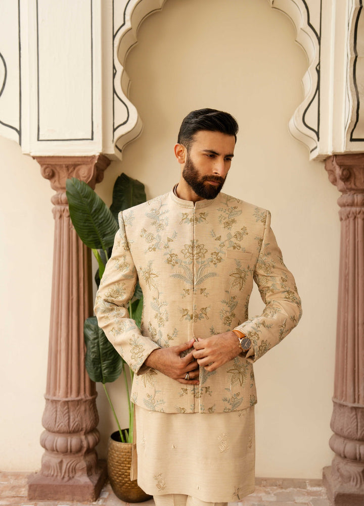 Dildaar by Hamna Ehtasham Mens RTW Embroidered Korean Silk 3 Piece Suit Fiaz Prince coat Festive Collection