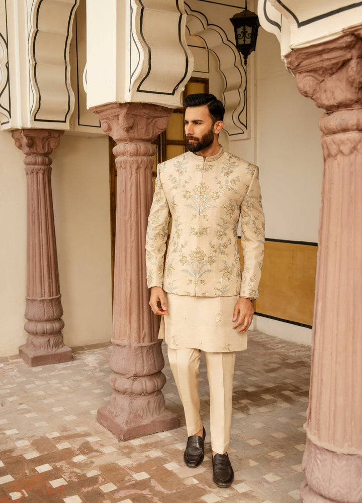 Dildaar by Hamna Ehtasham Mens RTW Embroidered Korean Silk 3 Piece Suit Fiaz Prince coat Festive Collection