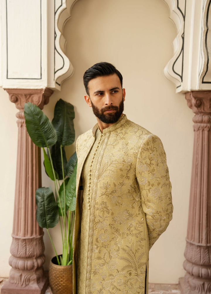 Dildaar by Hamna Ehtasham Mens RTW Embroidered Korean Silk 3 Piece Suit Emir Open Sherwani Festive Collection