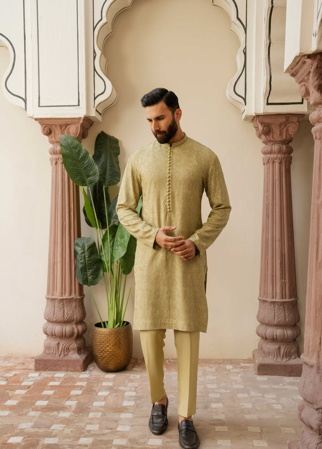 Dildaar by Hamna Ehtasham Mens RTW Embroidered Korean Silk 3 Piece Suit Emir Open Sherwani Festive Collection